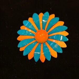 Vintage Orange and Blue Enamel Flower Brooch